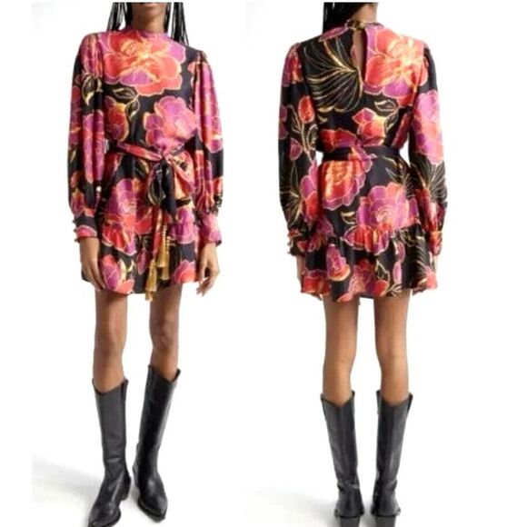 NEW,  Farm Rio Shiny Chita Floral Print Long Sleeve Minidress Size Medium - Picture 1 of 7